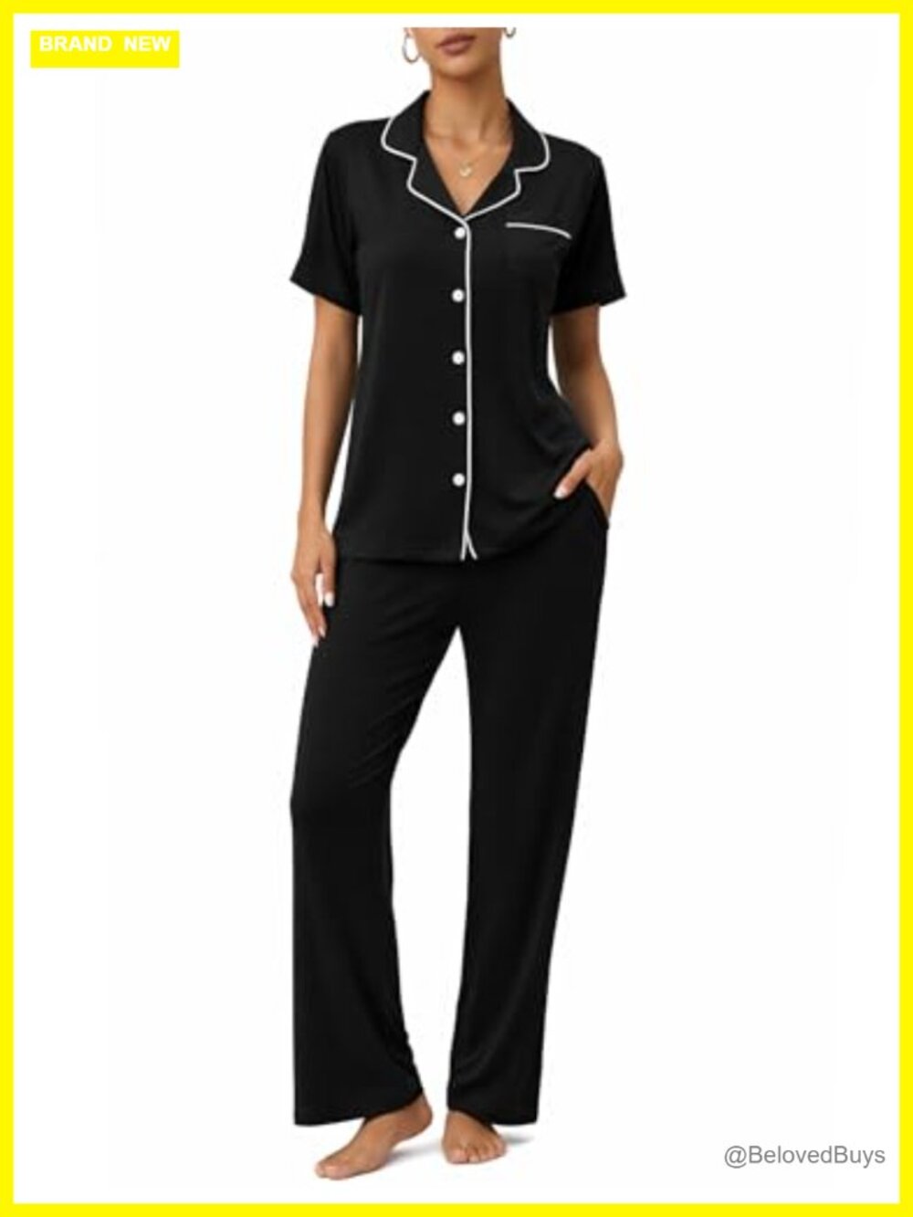 Women's 2-Piece Pajama Set Button Up Short Sleeve Long Pant Sleepwear